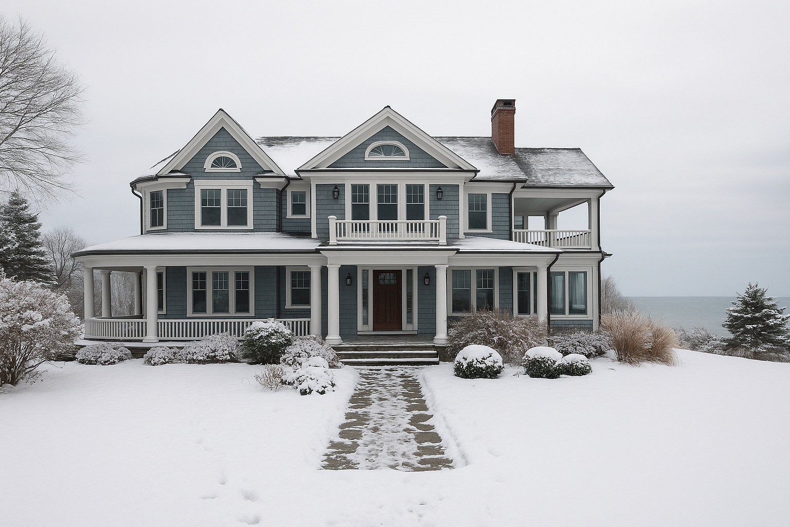 Elegant New England coastal estate in winter requiring professional home watch services